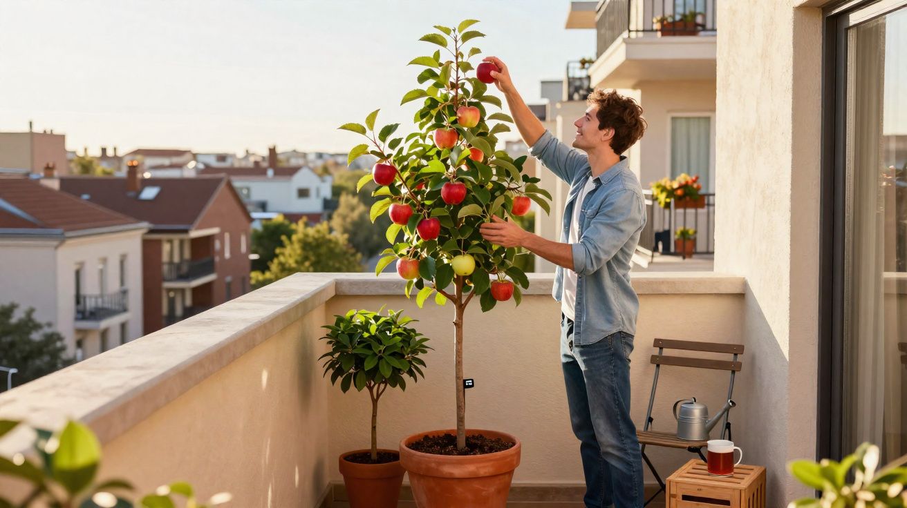Homem a colher maçã num vaso na varanda de um apartamento numa tarde soalheira.