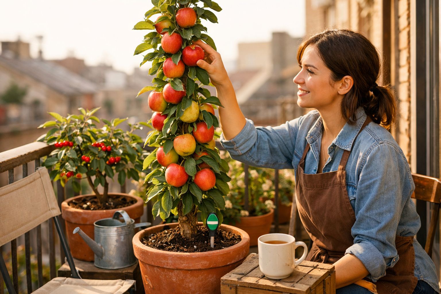 Mulher sorridente a colher maçãs de uma pequena árvore em vaso numa varanda ensolarada.