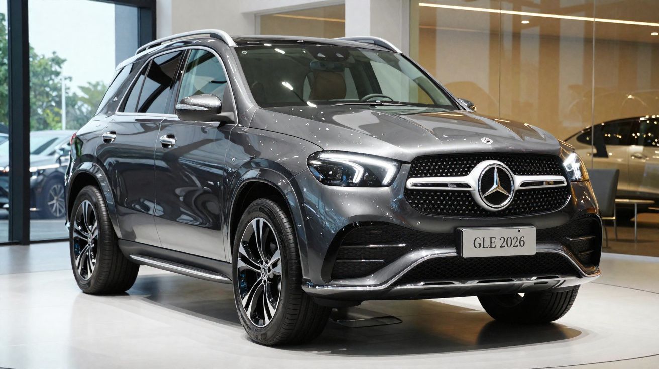 Mercedes-Benz GLE 2026 cinzento exposto em salão moderno com iluminação interior quente.
