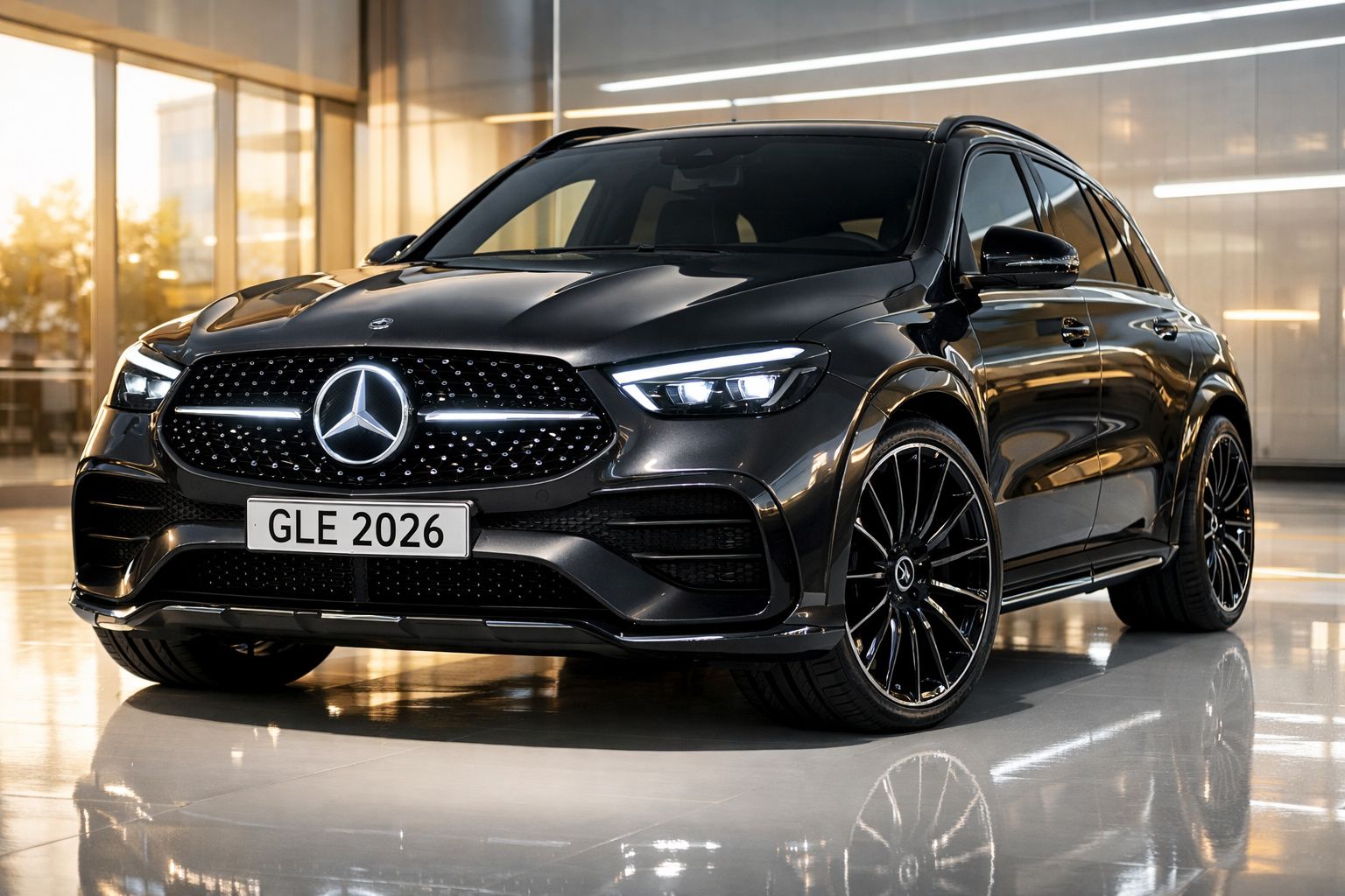 Carro Mercedes-Benz GLE 2026 preto, estacionado em piso brilhante, com iluminação ambiente interna.