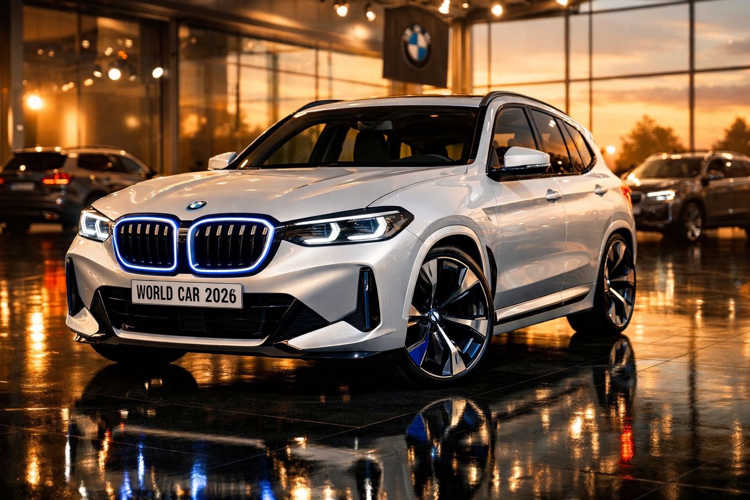 Carro BMW branco elétrico com luzes LED azuis exposto numa sala com chão molhado e reflexos.
