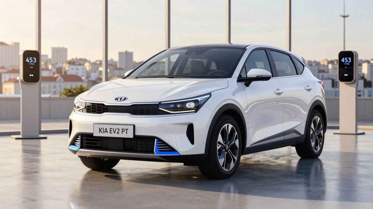 Carro elétrico Kia EV2 branco estacionado junto a postos de carregamento numa cidade ao pôr do sol.