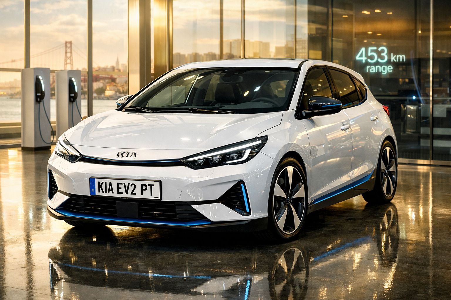Carro elétrico branco Kia EV2 PT estacionado dentro de edifício moderno com indicador de autonomia de 453 km.