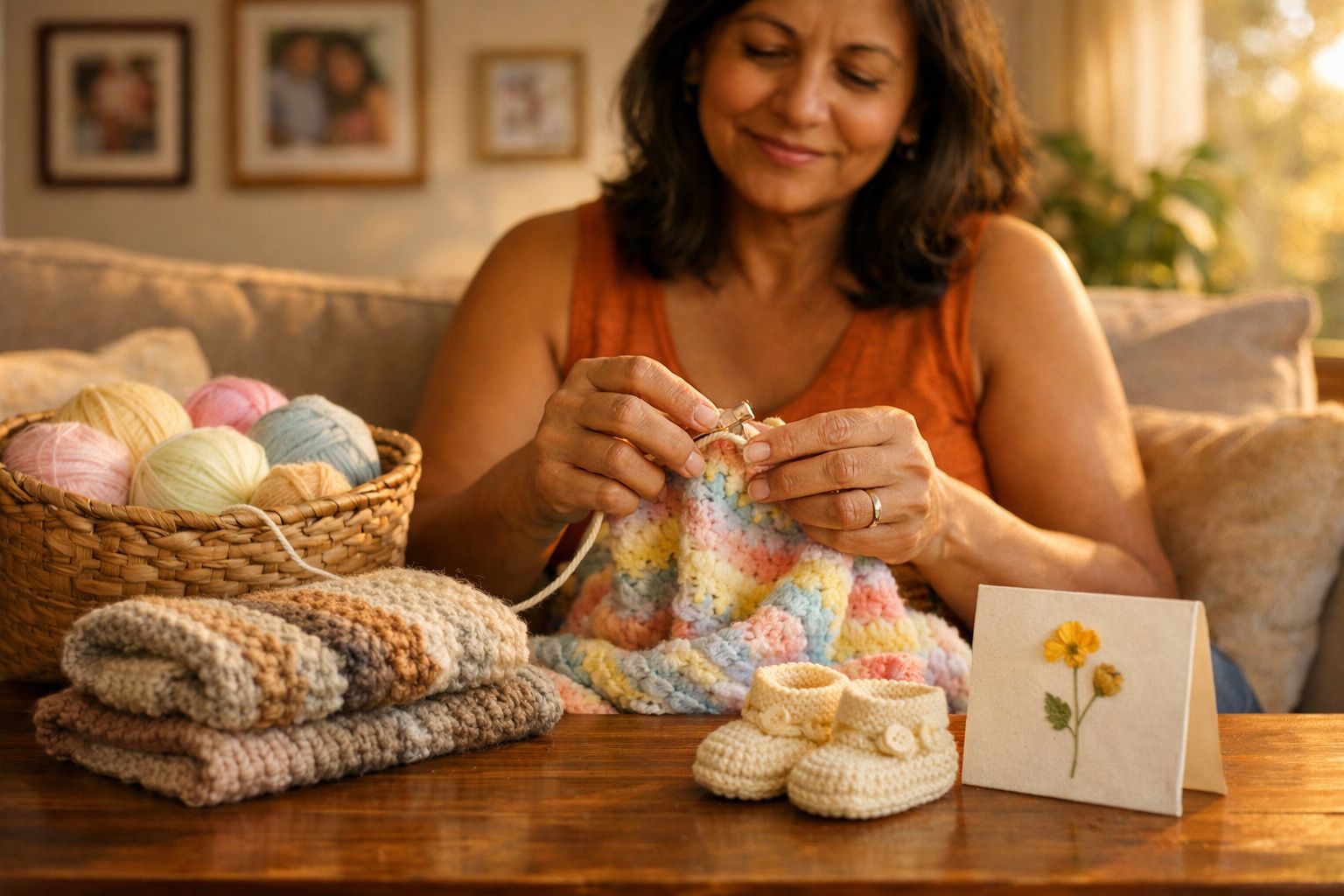 Mulher a tricotar com novelos de lã, peças de roupa tricotadas e botinhas de bebé em mesa de madeira.
