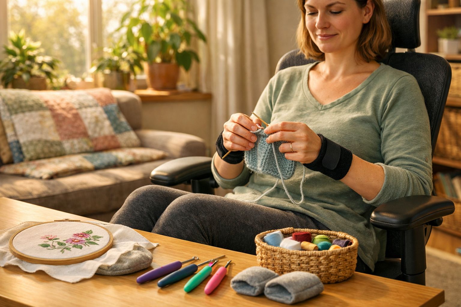 Mulher sentada numa cadeira a fazer malha, rodeada por materiais de bordado e tricô numa sala iluminada.