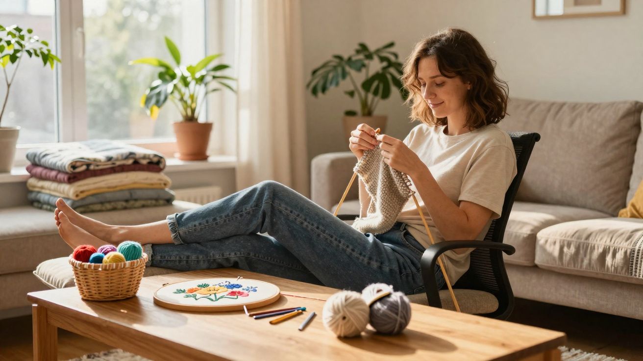 Mulher sentada a tricotar numa sala iluminada, com lã e bordado à sua frente na mesa de madeira.