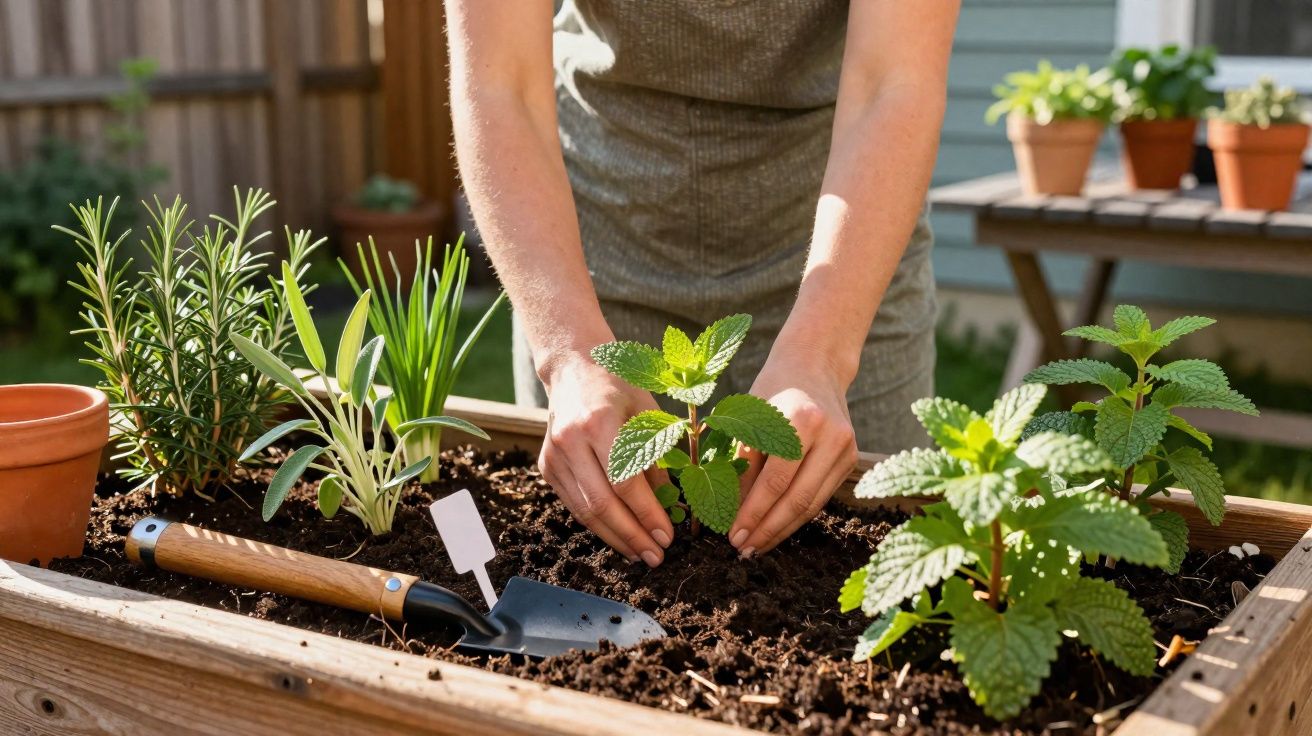 Pessoa a plantar ervas aromáticas numa horta elevada de madeira, com ferramentas de jardinagem ao lado.