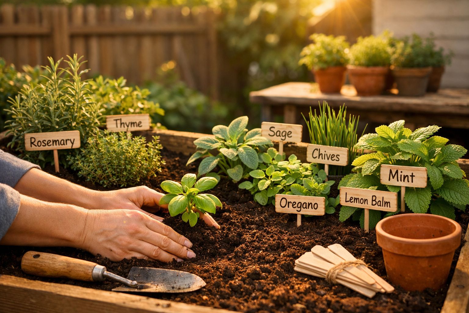 Mãos a plantar ervas aromáticas etiquetadas como alecrim, tomilho, sálvia, cebolinhas, menta, orégano e erva-cidreira.