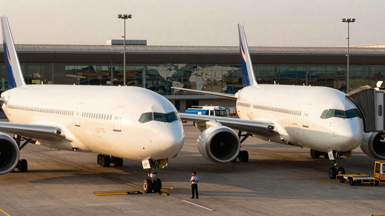Dois aviões brancos estacionados na pista em frente a um terminal de aeroporto ao pôr do sol.