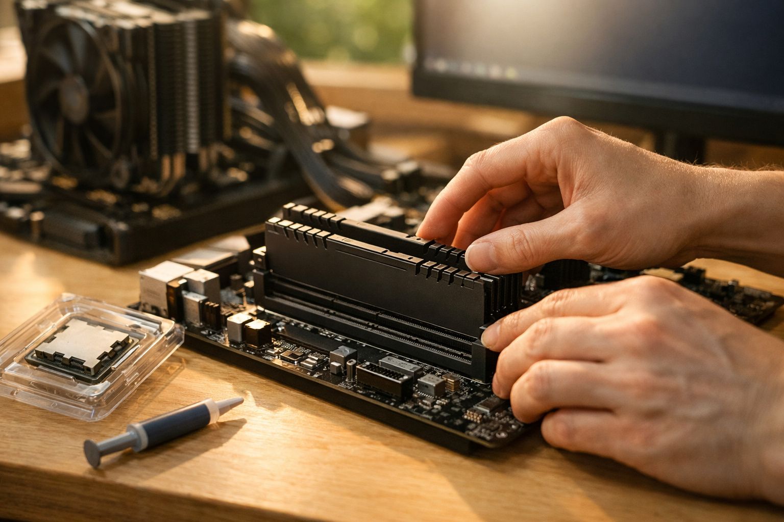Mãos a instalar memória RAM numa placa-mãe com dissipador térmico e pastilha térmica num ambiente de montagem informática.