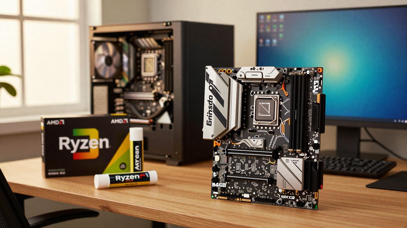 Placa-mãe B450 com cooler, CPU Ryzen e pasta térmica para montagem de computador numa secretária.