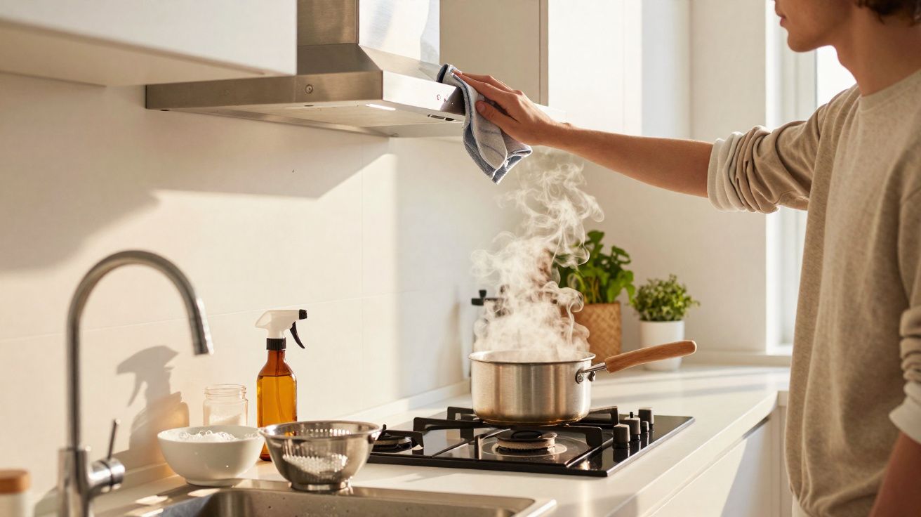 Pessoa a limpar a coifa enquanto cozinha num fogão a gás com uma panela a ferver e a emitir vapor.