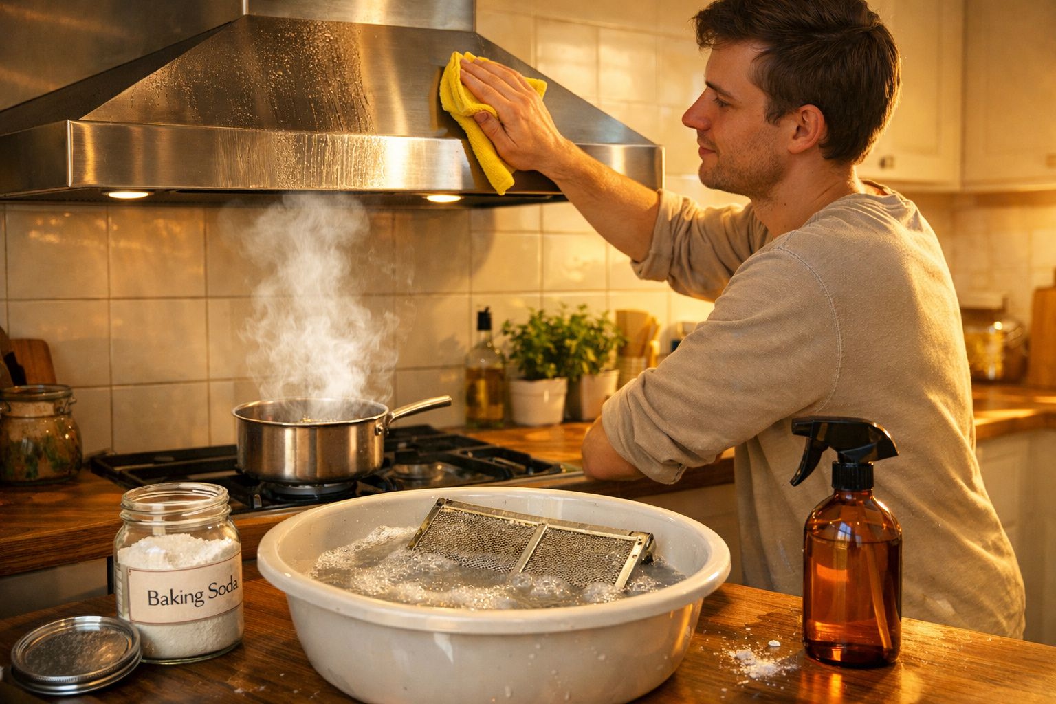 Homem a limpar a chaminé da cozinha enquanto cozinha com vapor e utensílios na bancada.