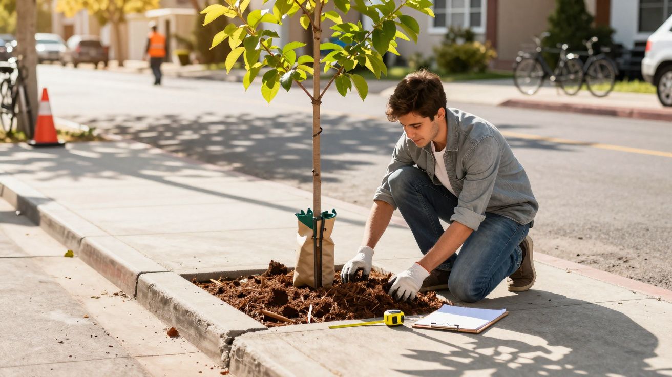 Homem a plantar uma árvore jovem na calçada junto à estrada numa área urbana.
