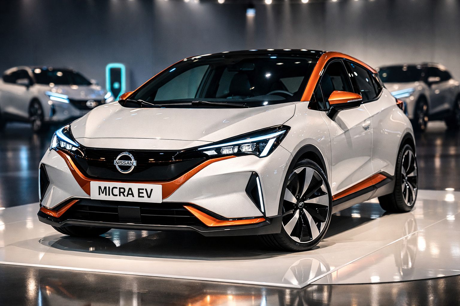 Veículo elétrico Nissan Micra EV branco com detalhes laranja exposto em salão automóvel moderno.