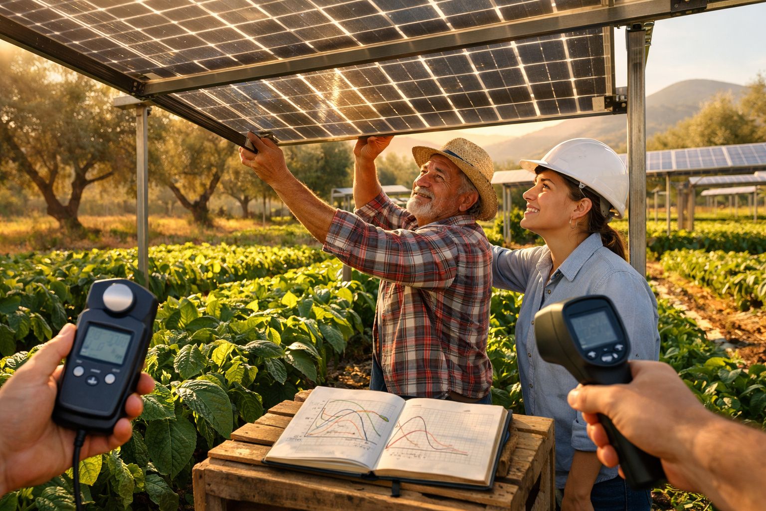 Agricultores a inspecionar painéis solares numa plantação com equipamentos de medição e gráficos.