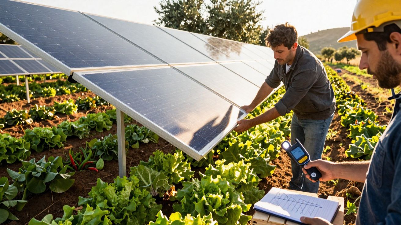 Dois homens técnicos ajustam painéis solares numa horta com alface verde ao ar livre.