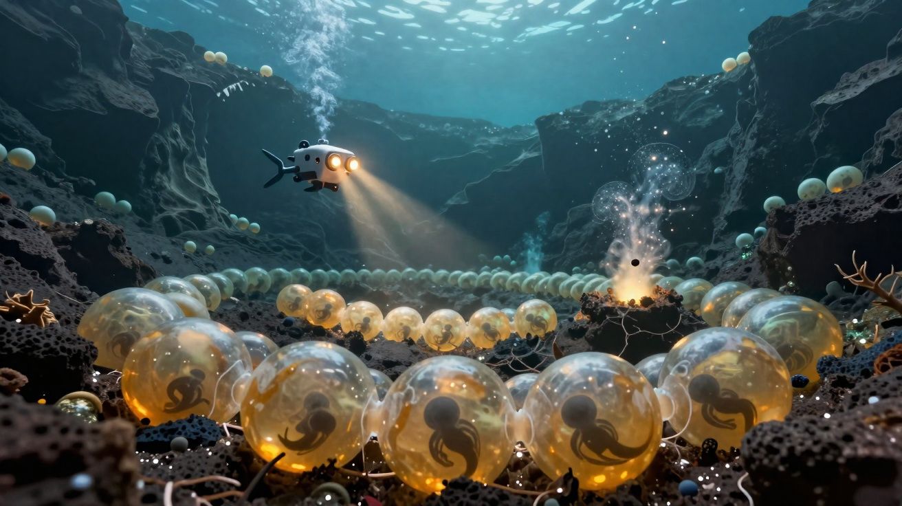 Veículo subaquático explora embriões dentro de esferas transparentes no fundo de um oceano rochoso.