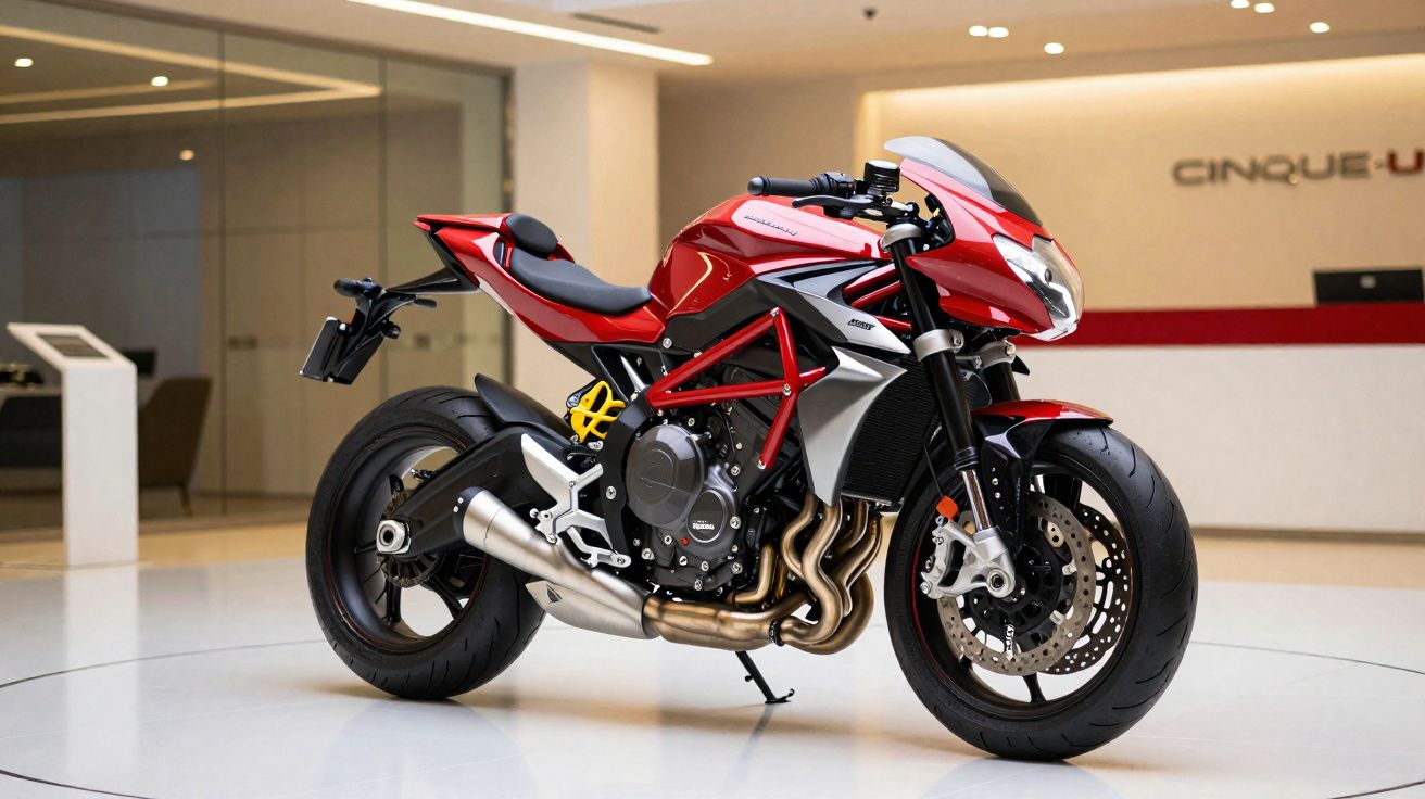 Motociclo desportiva vermelha com detalhes pretos e estrutura tubular vermelha, em exposição num espaço interior moderno.