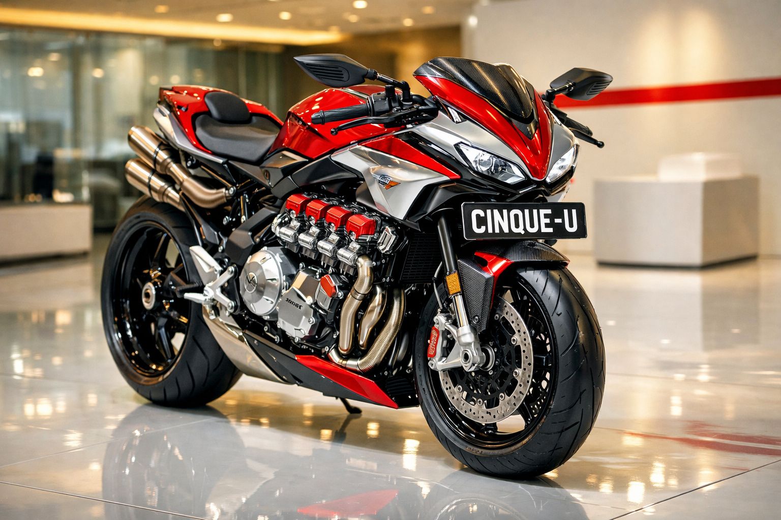 Motocicleta vermelha desportiva com motor exposto e matrícula Cinque-U, em ambiente interior brilhante.
