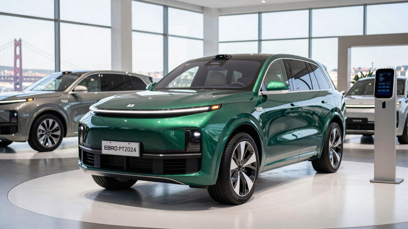 SUV verde brilhante em exposição numa sala moderna com outras viaturas visíveis ao fundo.