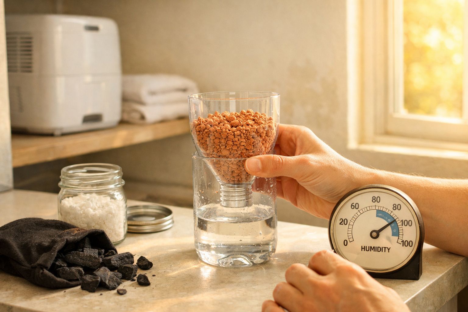 Mãos a medir humidade com um frasco invertido cheio de pellets sobre água e um medidor analógico de humidade.