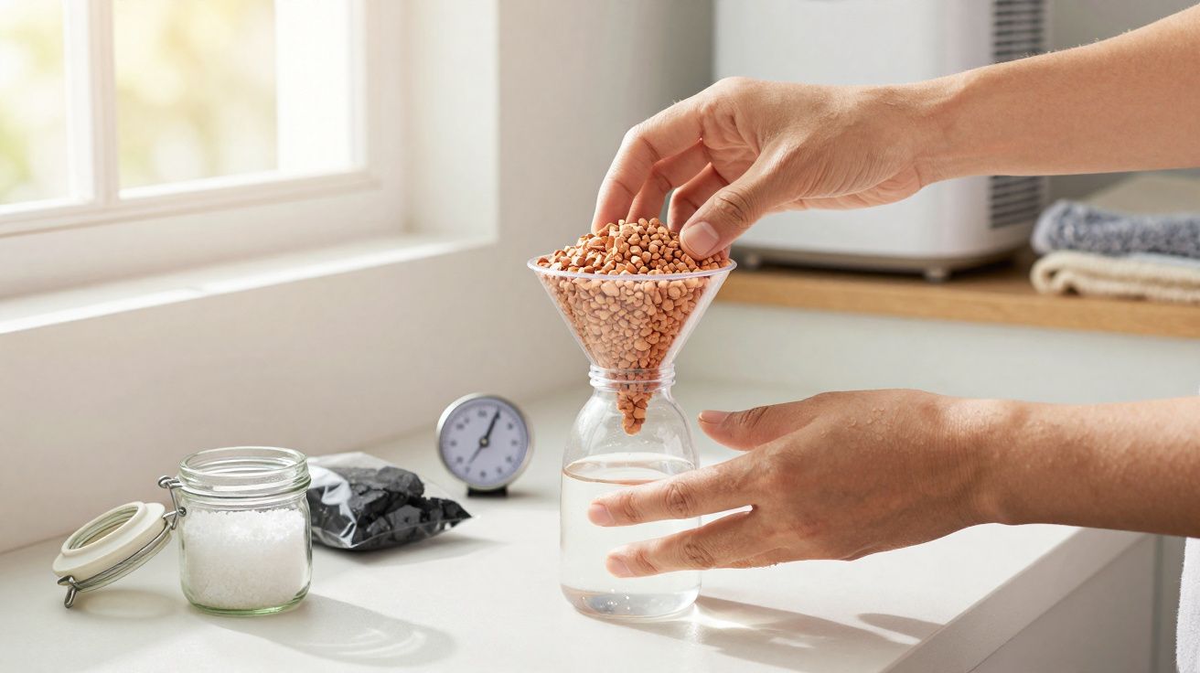 Mãos a colocar pequenas bolinhas num funil sobre um frasco transparente numa bancada iluminada.