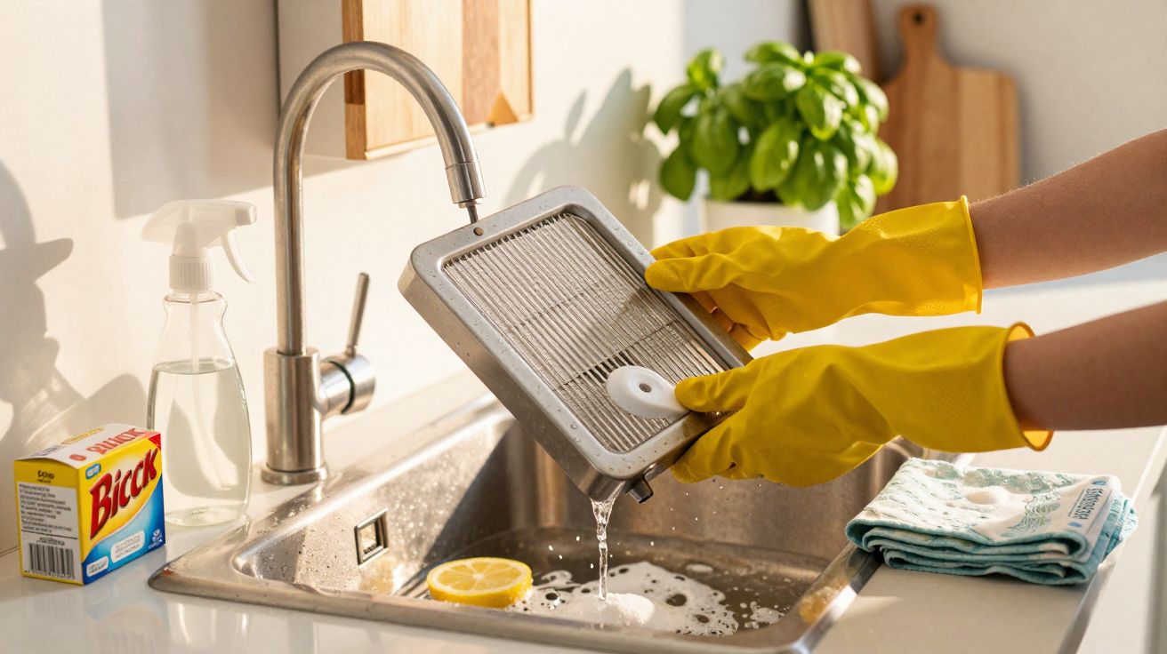 Pessoa a limpar filtro de exaustor com luvas amarelas numa cozinha moderna.