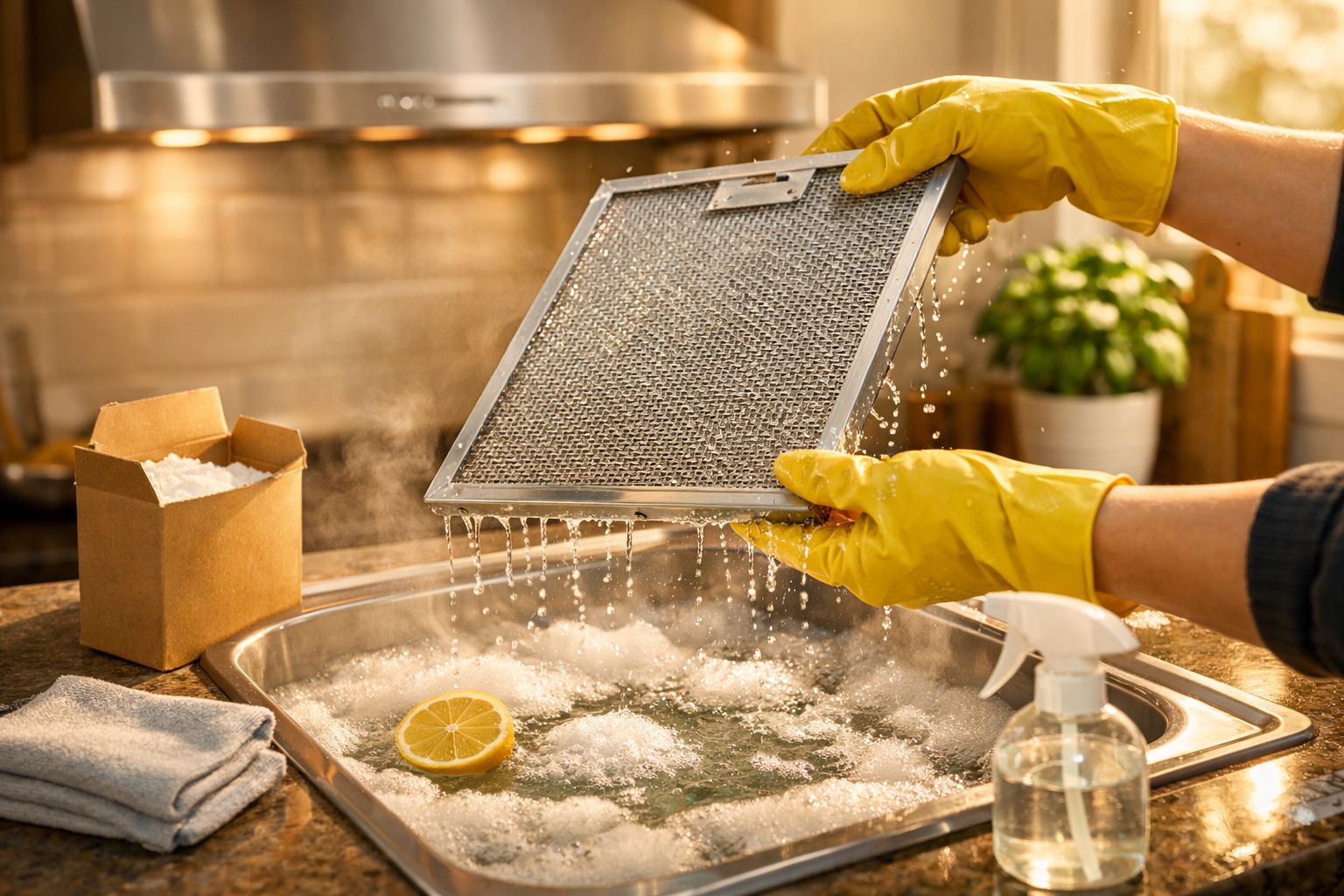 Mãos com luvas amarelas a lavar um filtro de chapa metálica sobre uma pia com água, limão e detergente.