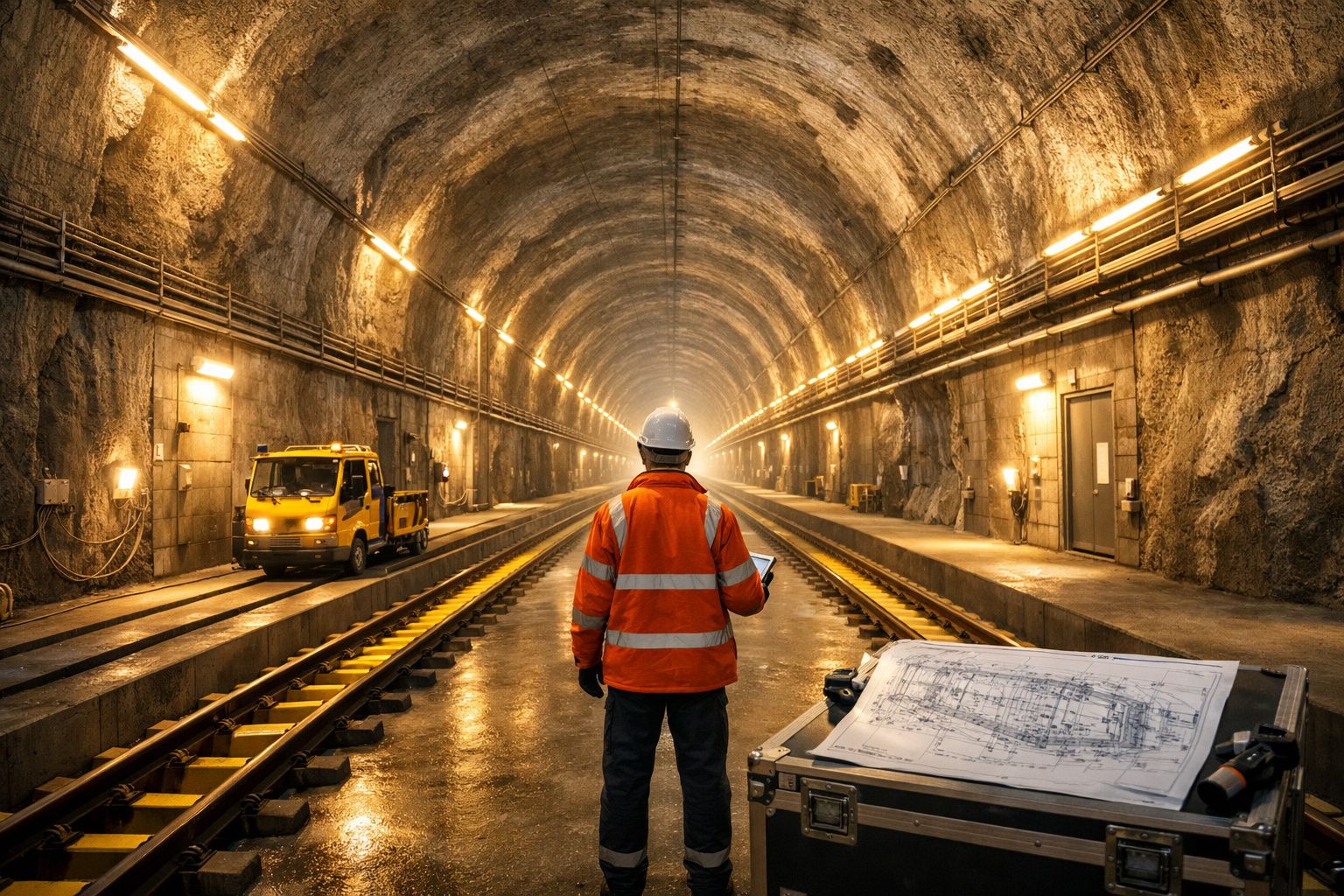 Trabalhador de obra com colete e capacete analisa planta numa via férrea dentro de túnel iluminado.