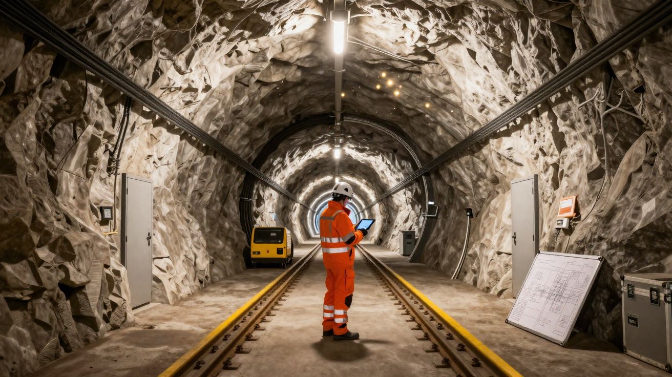 Trabalhador de segurança com capacete e fato laranja verifica tablet no interior de túnel ferroviário subterrâneo rochoso.