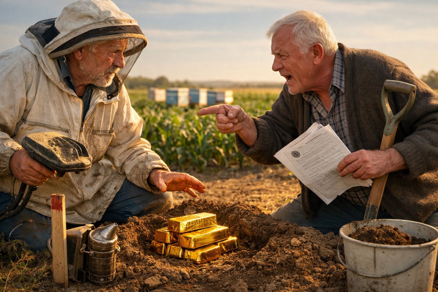 Dois idosos encontram barras de ouro enterradas numa horta, um segura documentos e outro um capacete de apicultor.
