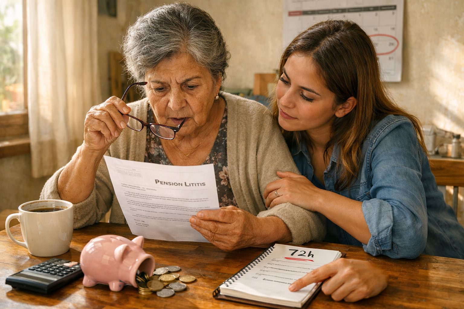 Idosa com documentos financeiros e neta a apoiá-la numa mesa com moedas, mealheiro e café.