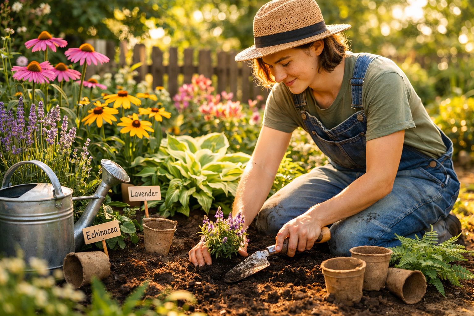 Mulher com chapéu de palha a plantar flores num jardim cheio de flores coloridas ao entardecer.