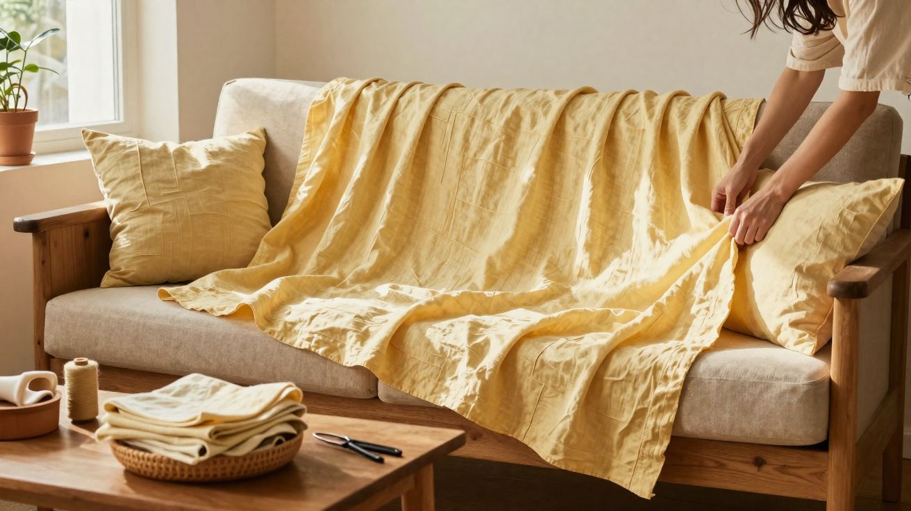 Pessoa a arrumar manta amarela num sofá claro de madeira numa sala iluminada junto a uma janela.