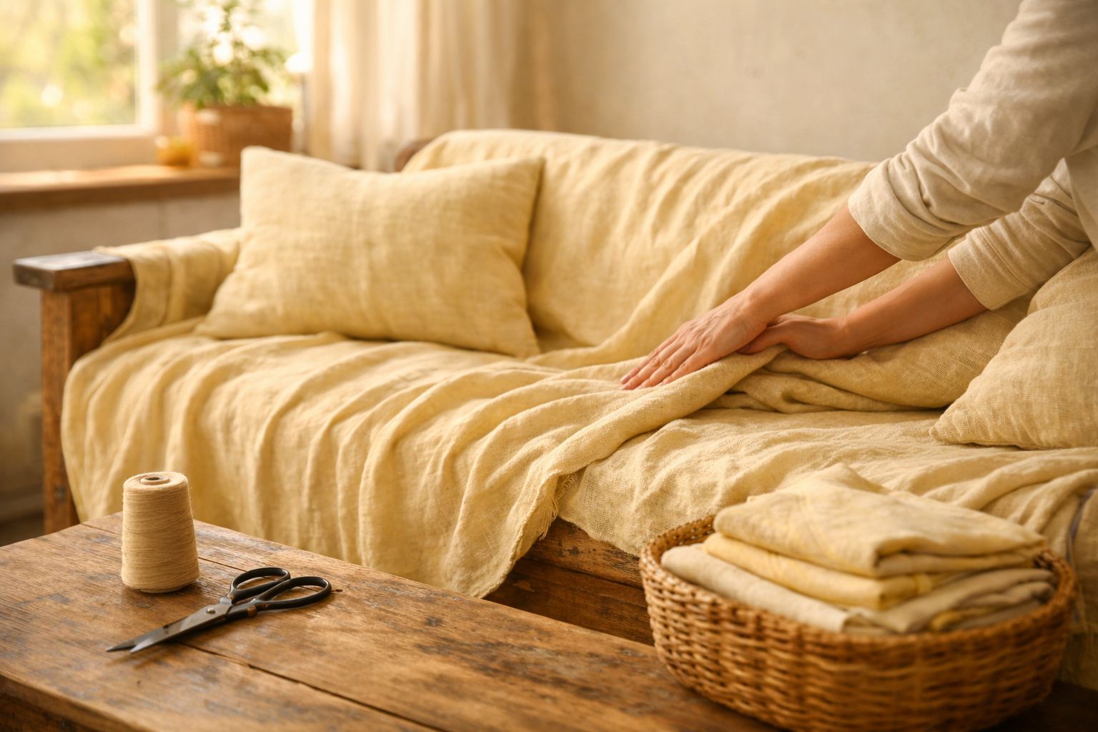 Pessoa a estender uma manta bege num sofá rústico com almofadas, junto a uma mesa com rolo de linha e tesoura.
