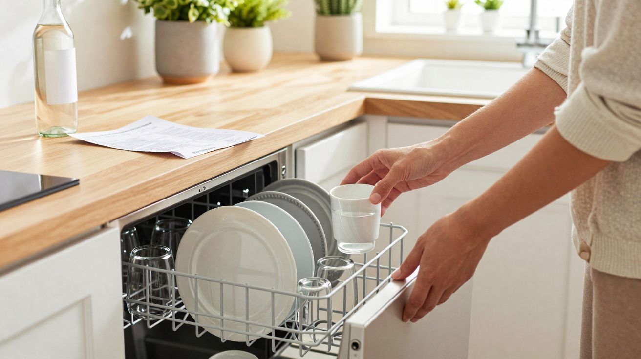 Pessoa a colocar copo lavado na máquina de lavar loiça numa cozinha com bancada de madeira e plantas.