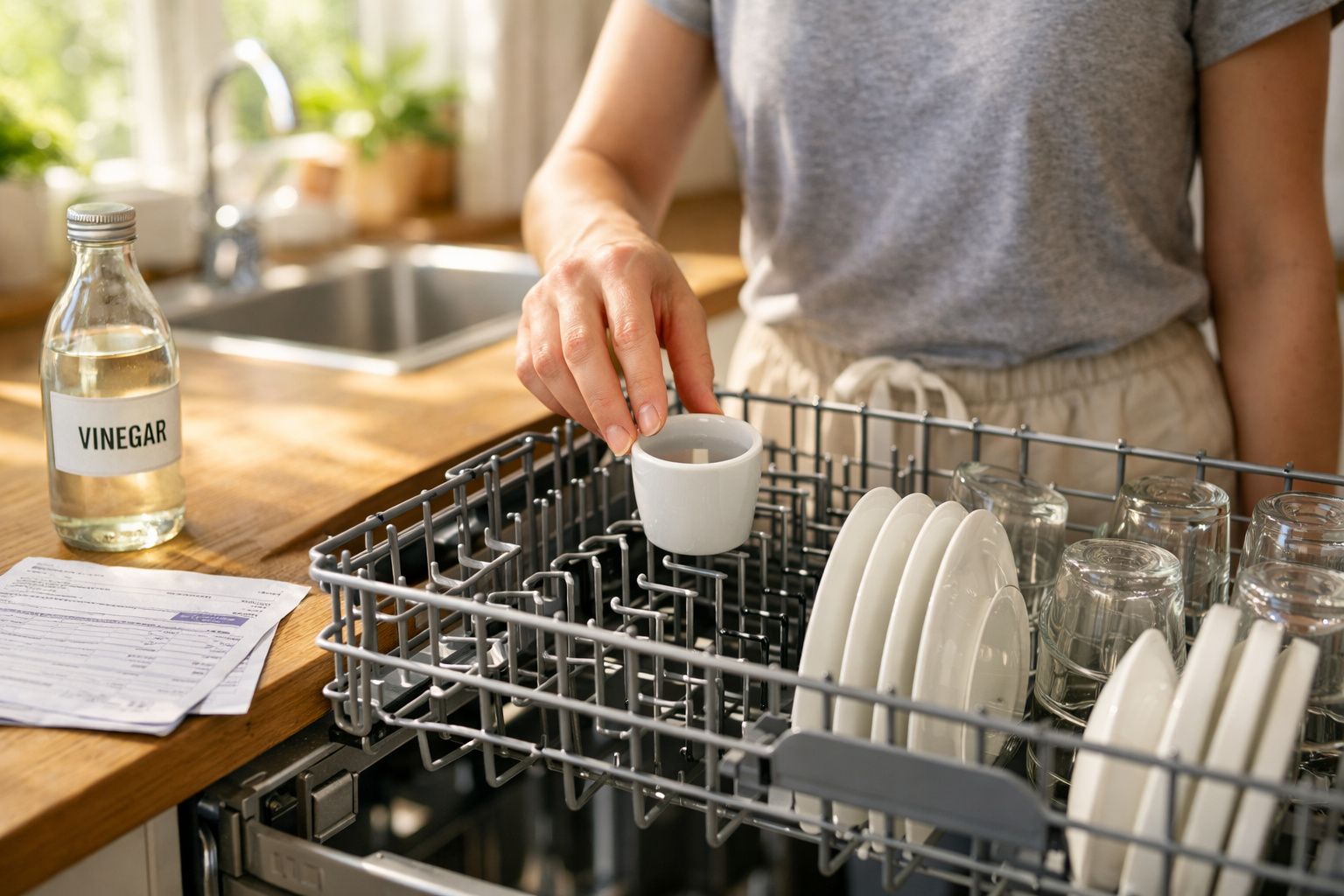 Pessoa a colocar pastilha para máquina de lavar loiça enquanto há vinagre na bancada da cozinha.
