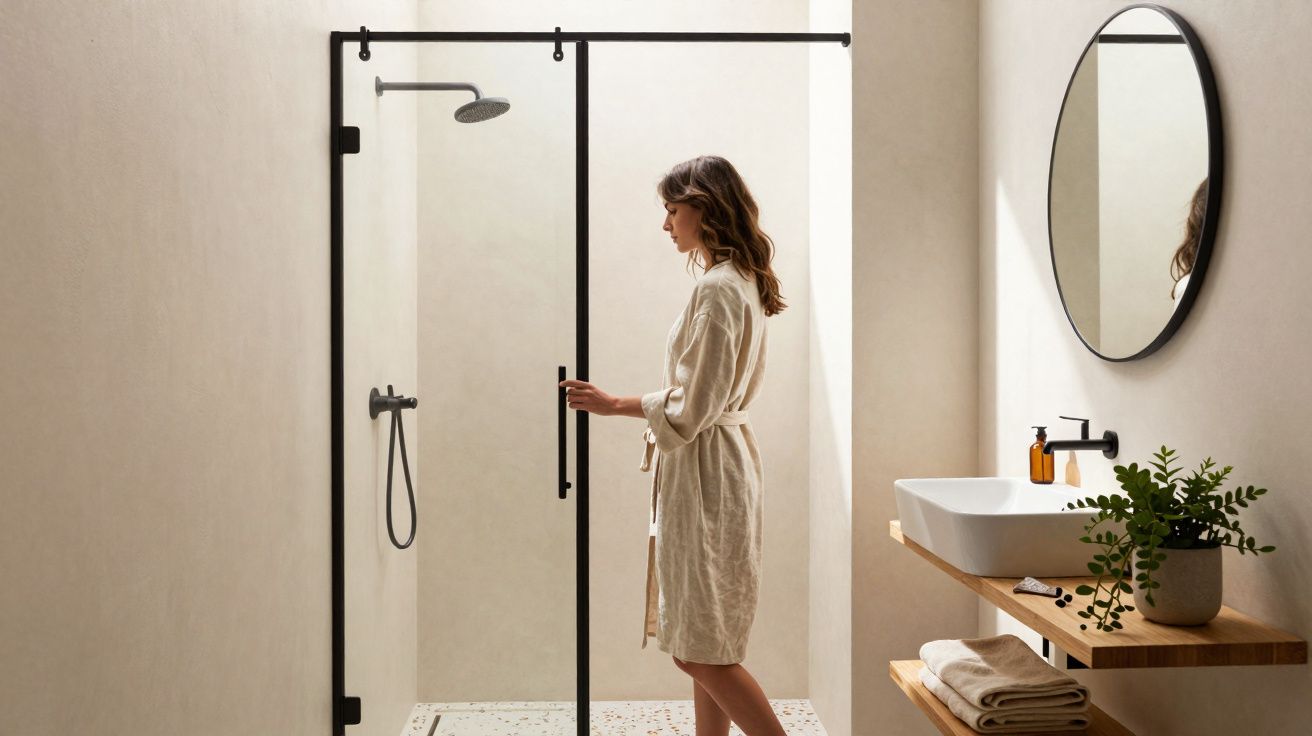 Mulher com roupão branco abre porta de chuveiro em casa de banho moderna com espelho oval e plantas.