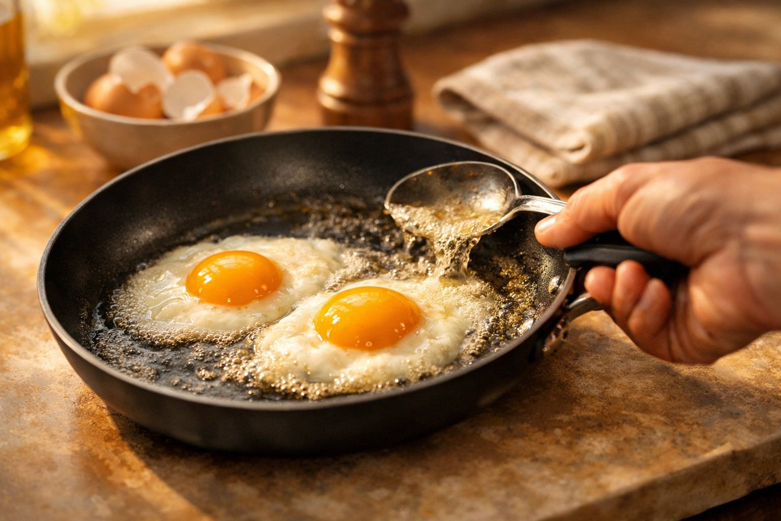Mãos a fritar dois ovos inteiros numa frigideira com óleo quente numa cozinha com ovos ao fundo.