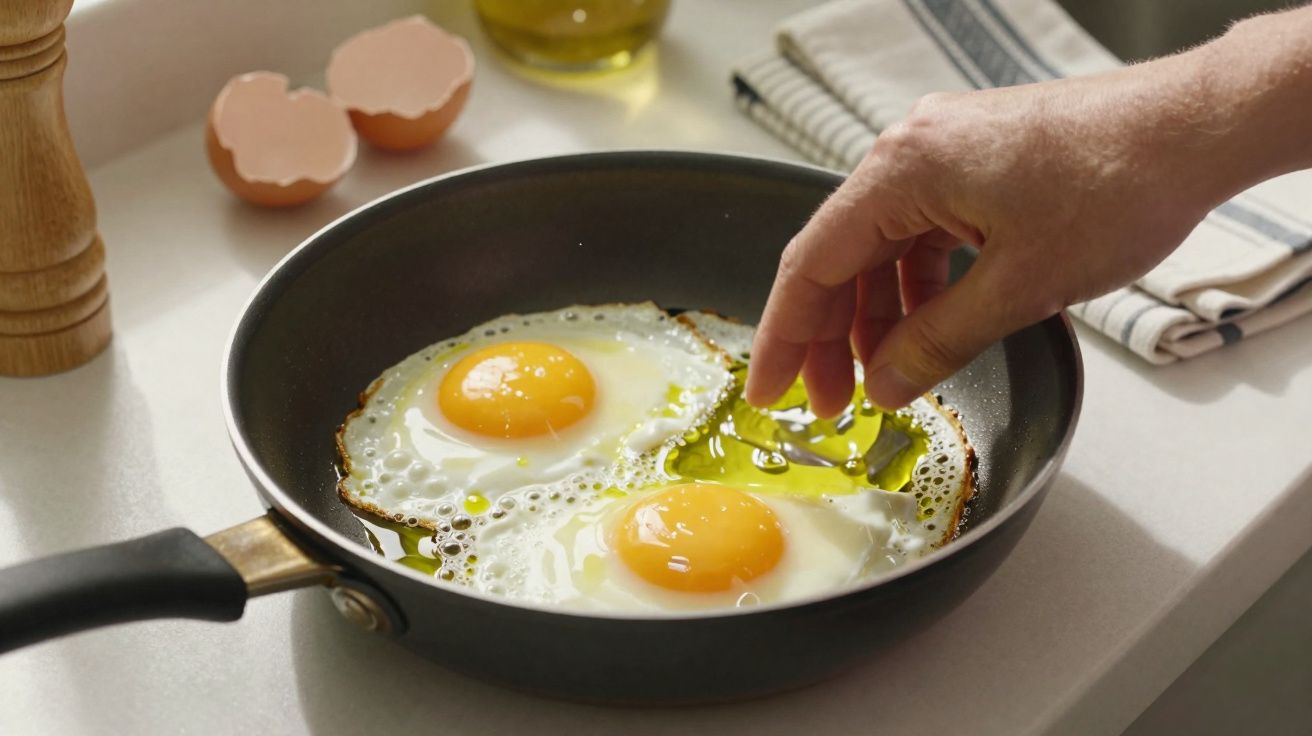 Mão a temperar dois ovos estrelados numa frigideira preta com azeite, cascas de ovo e guardanapos ao fundo.