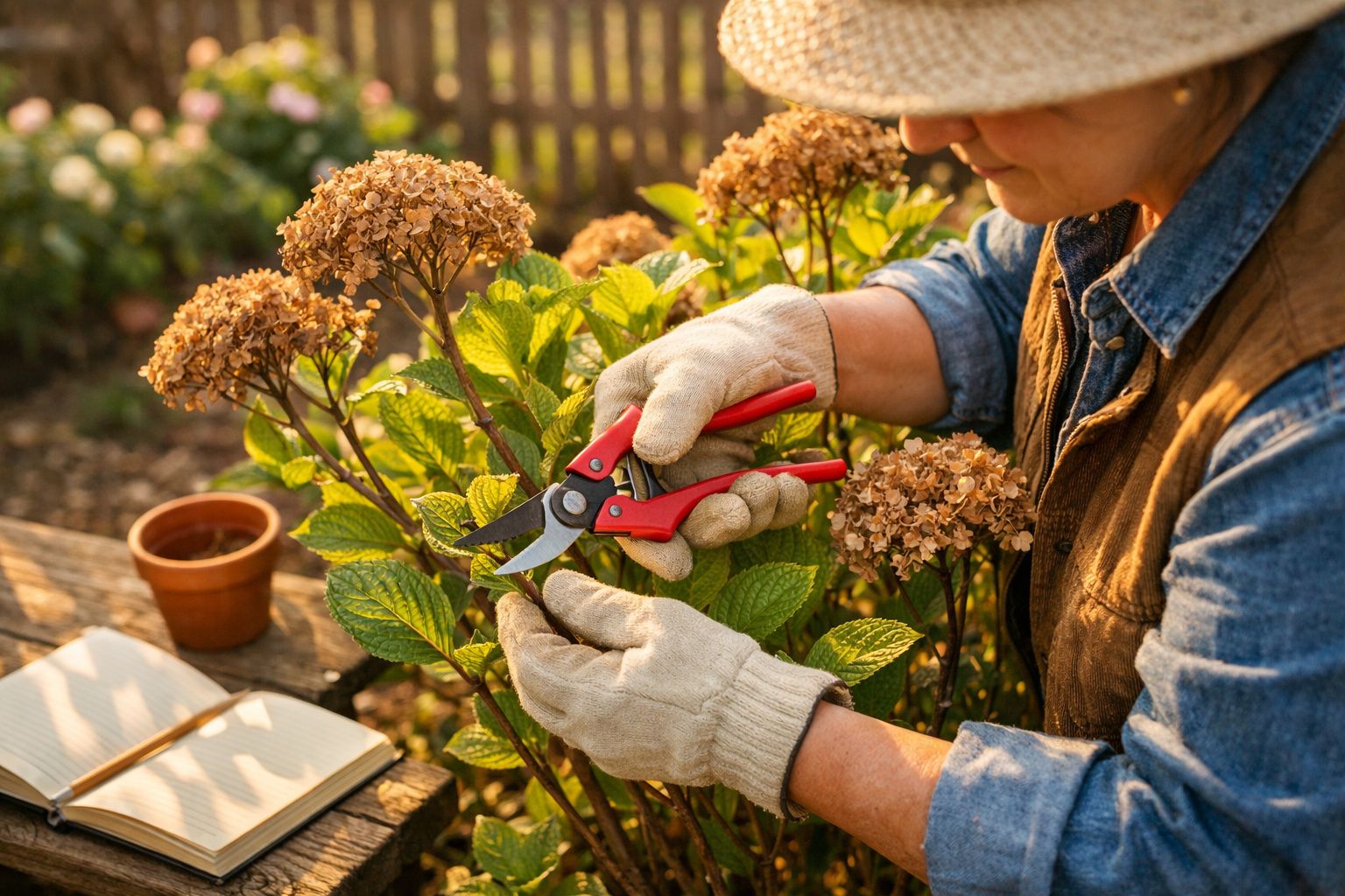 Pessoa a podar flores secas de hortênsia num jardim, com luvas e ferramentas de jardinagem.