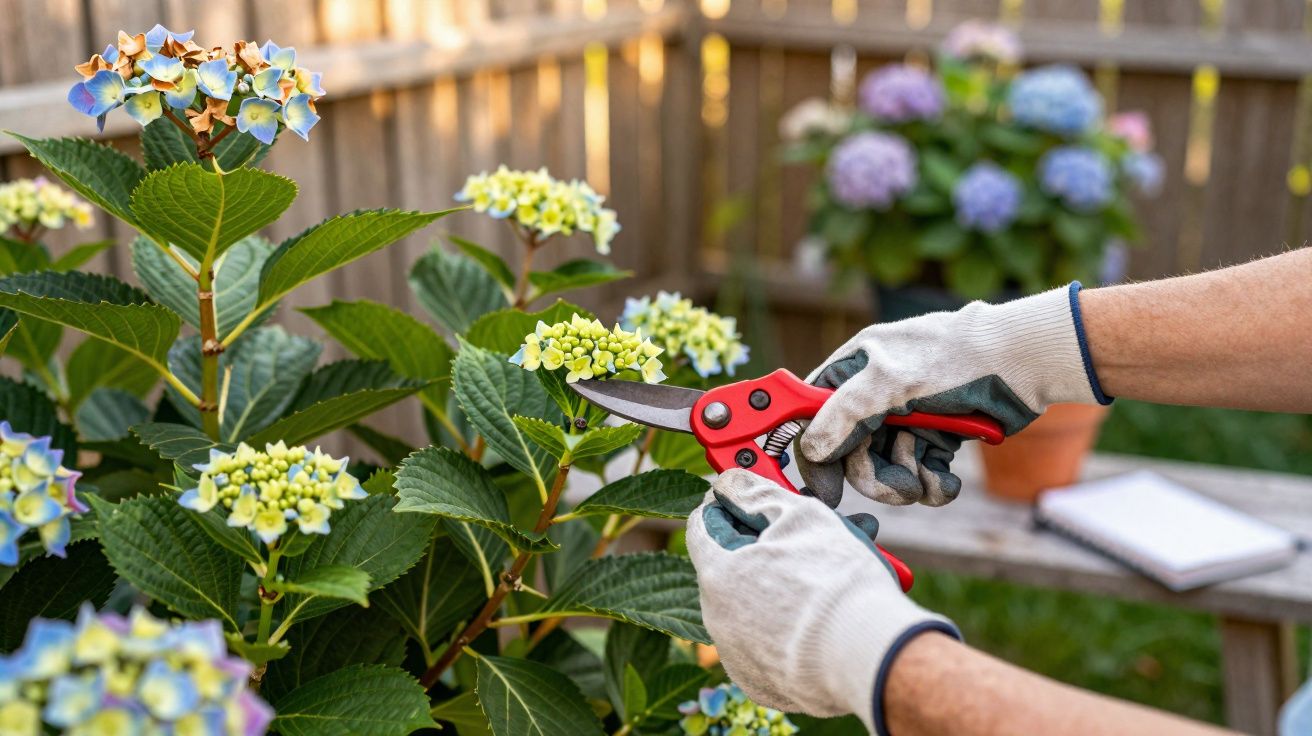 Pessoa a podar flores de hortênsia com luvas e tesoura vermelha num jardim.