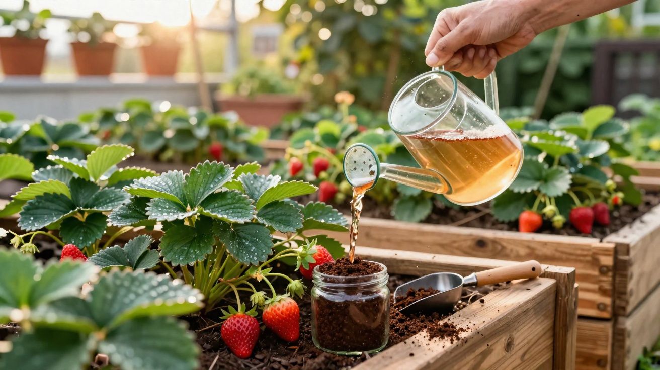 Mão a regar planta com regador transparente em vaso de vidro numa horta com morangos maduros.