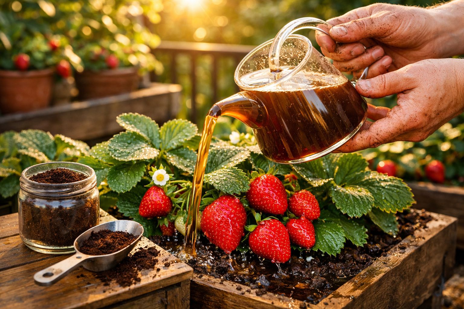 Mãos a regar morangos maduros plantados em vaso de madeira, com terra e acessórios de jardinagem ao lado.