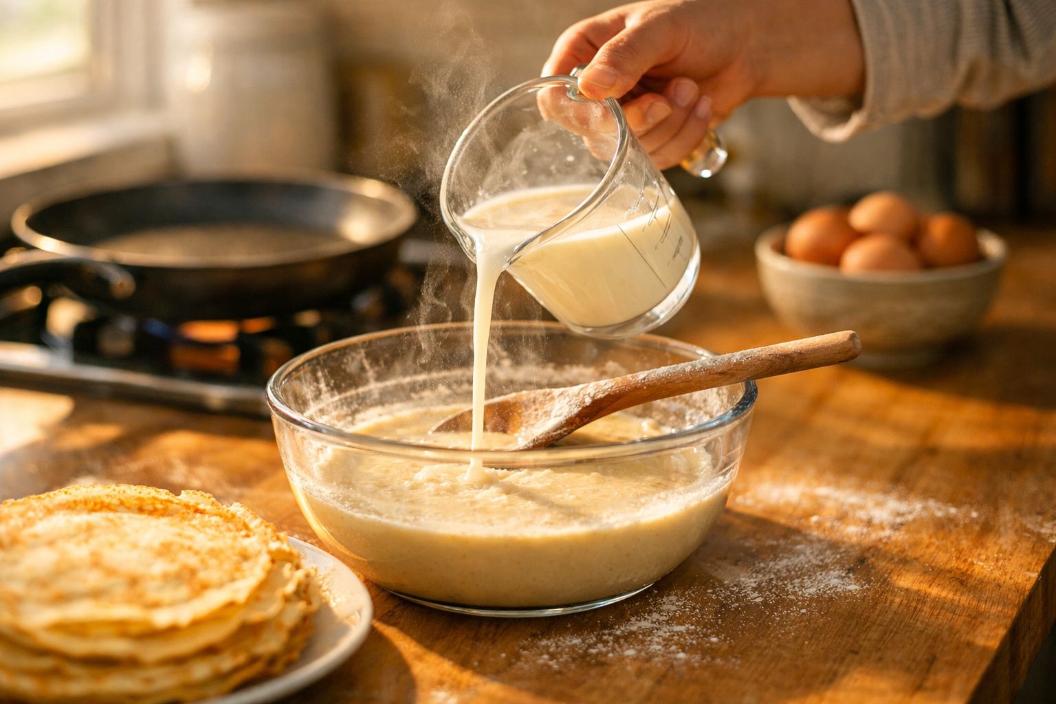 Mão a verter leite numa tigela com massa para panquecas num ambiente de cozinha caseira.