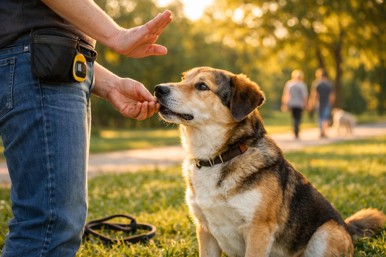 Pessoa a dar um petisco a um cão sentado num parque durante o pôr do sol.