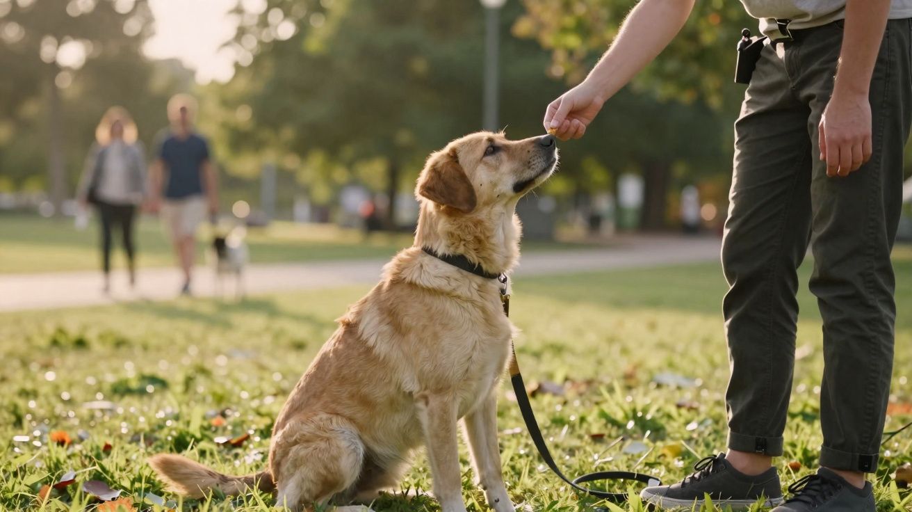 Cão castanho sentado na relva a receber um petisco de uma pessoa em parque com outras pessoas ao fundo.