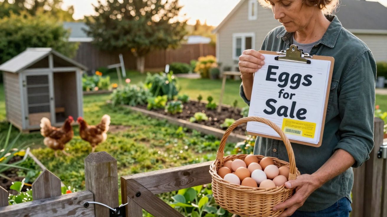 Mulher numa quinta com cesto de ovos e placa a anunciar ovos à venda, com galinhas ao fundo.