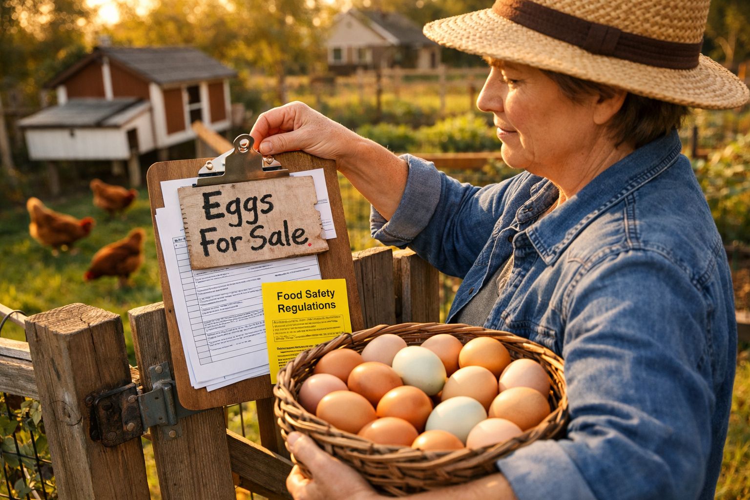 Mulher com chapéu e roupa azul segura cesta de ovos ao lado de placa "Eggs for Sale" num galinheiro.